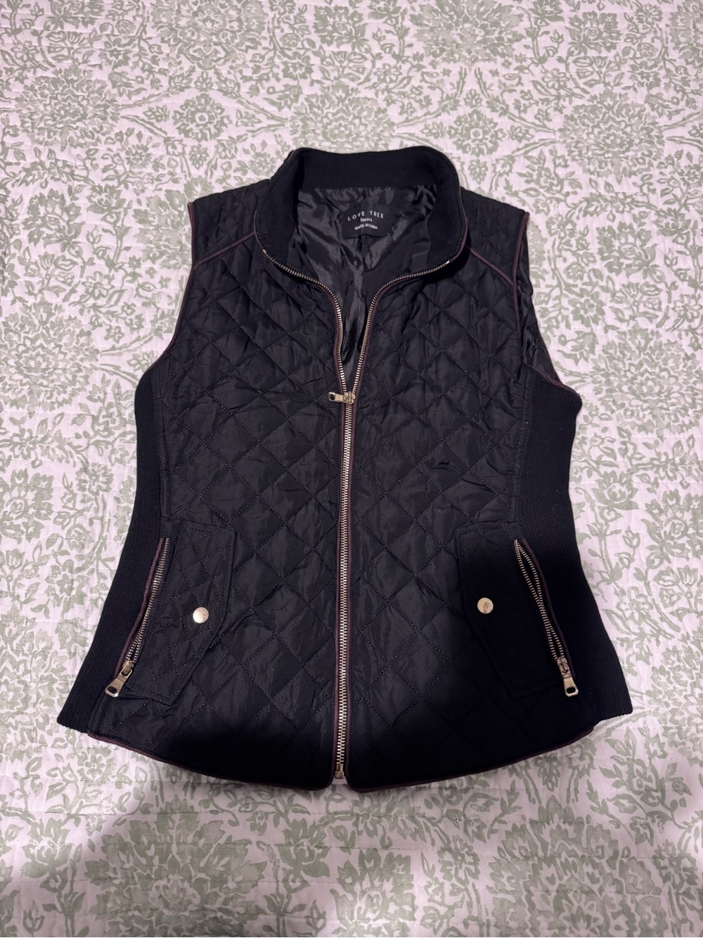 Love Tree Black Quilted Vest with Gold Hardware